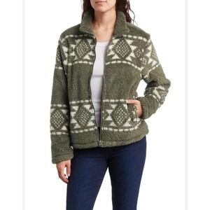 Lucky Brand Green Geometric Fuzzy Fleece Sherpa Full Zip Jacket Women's‎ M $189